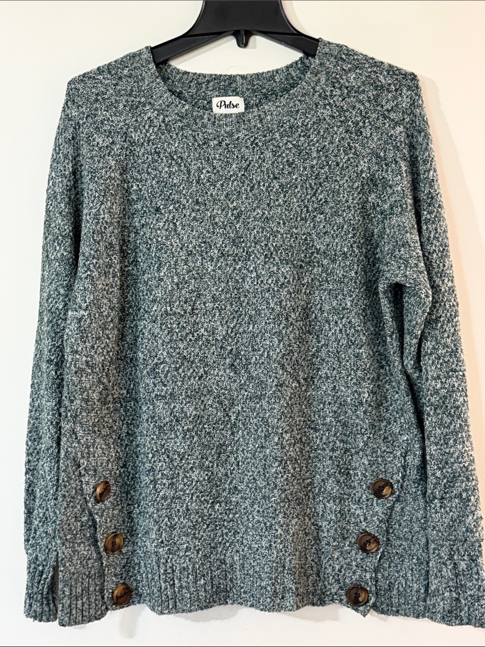Pulse Women's Teal Marled Crewneck Sweater with Side Button Detail